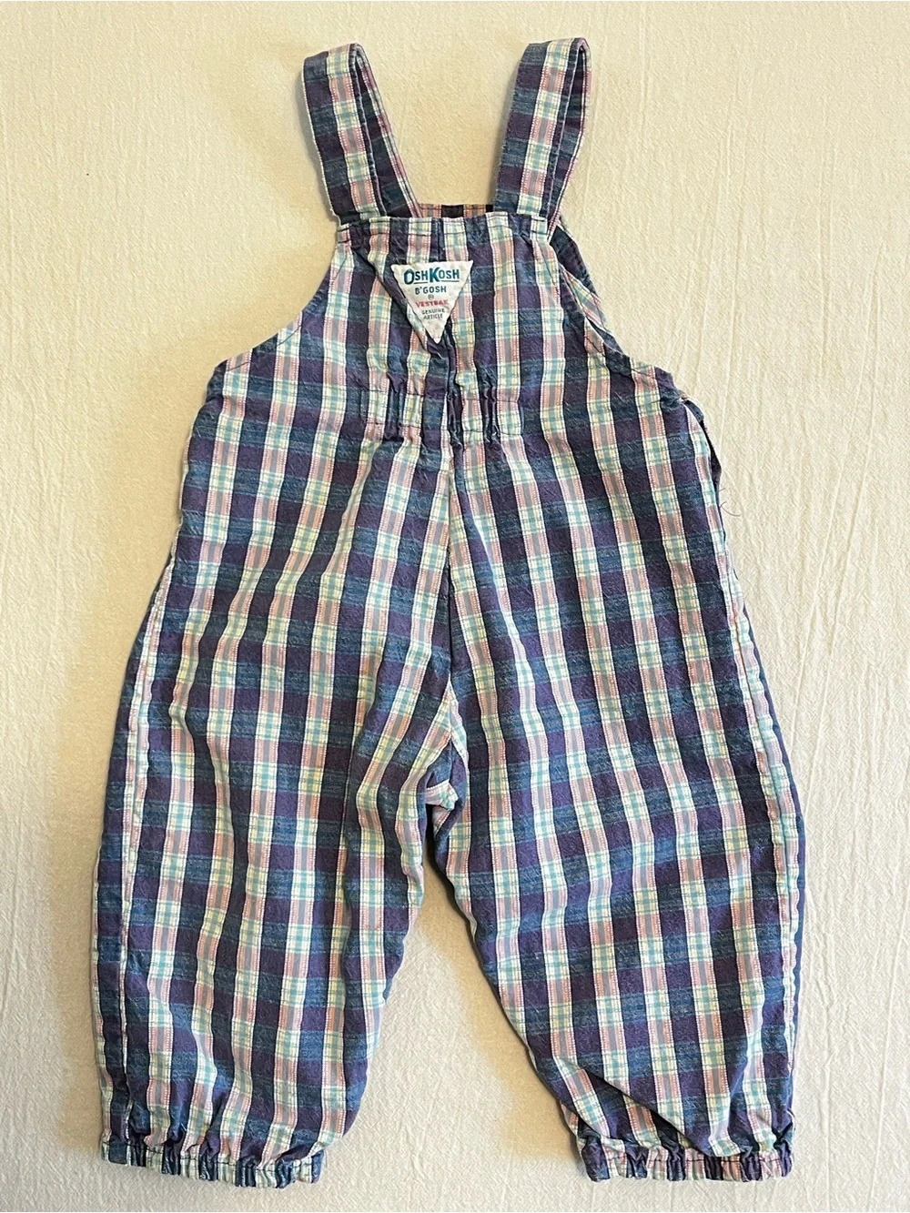 Vintage OshKosh B’Gosh 90s Plaid Overalls Baby USA Made Pink Blue Snap Romper